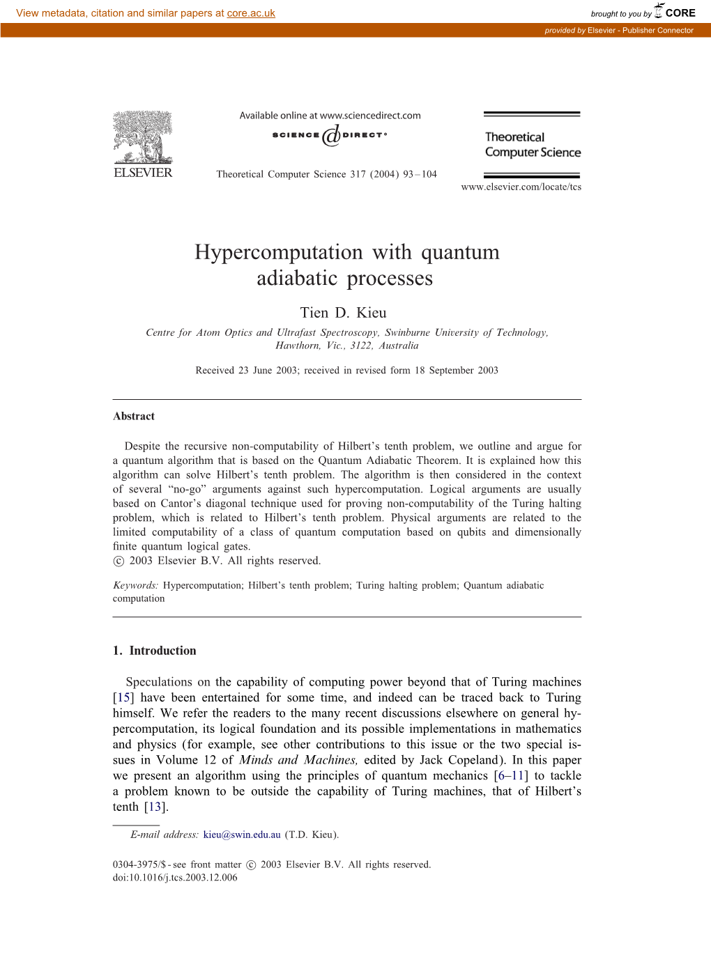 Hypercomputation with Quantum Adiabatic Processes