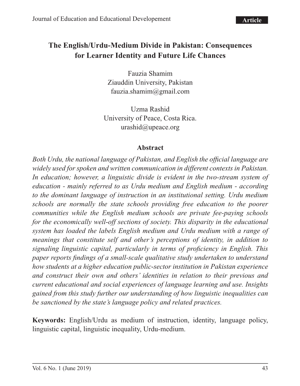 The English/Urdu-Medium Divide in Pakistan: Consequences for Learner Identity and Future Life Chances