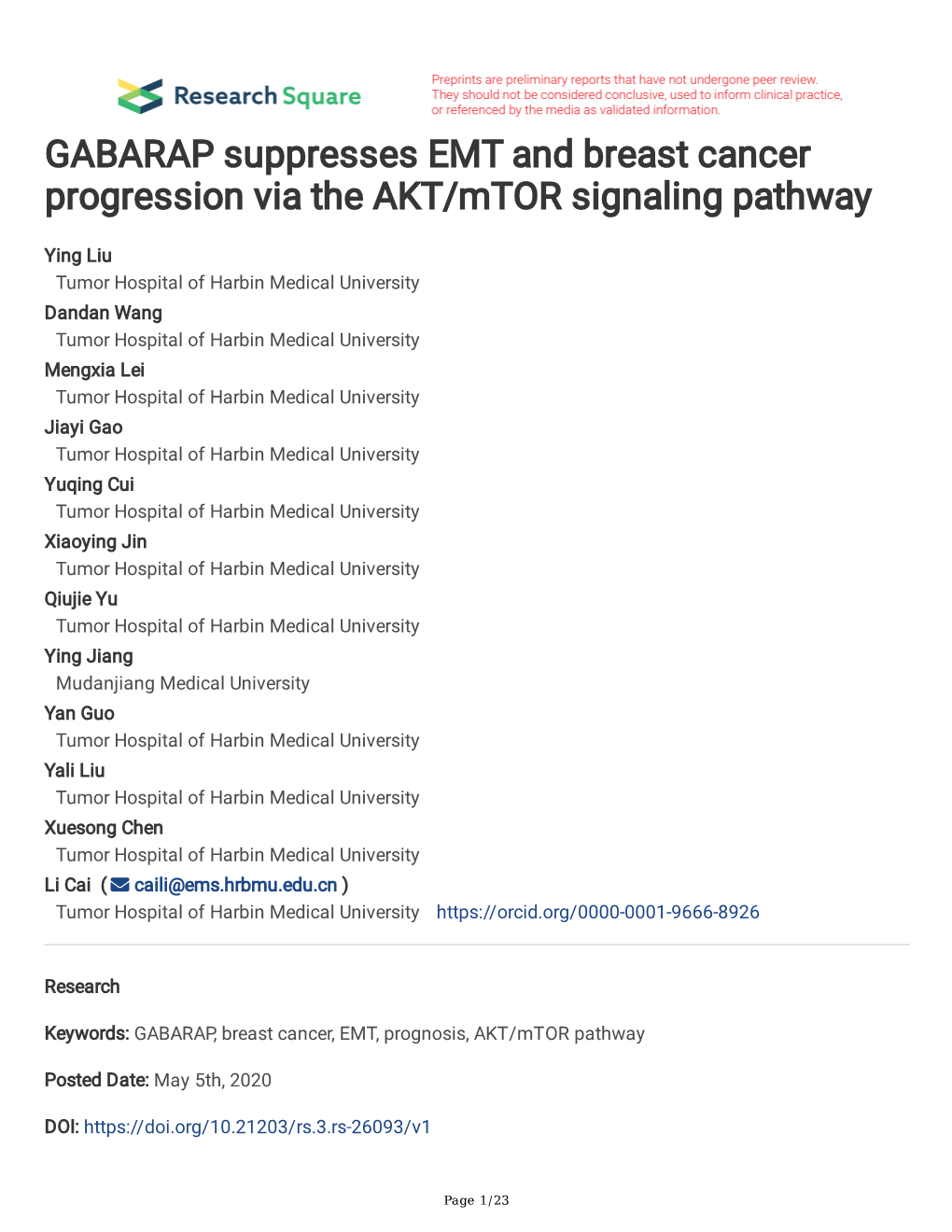 GABARAP Suppresses EMT and Breast Cancer Progression Via the AKT/Mtor Signaling Pathway