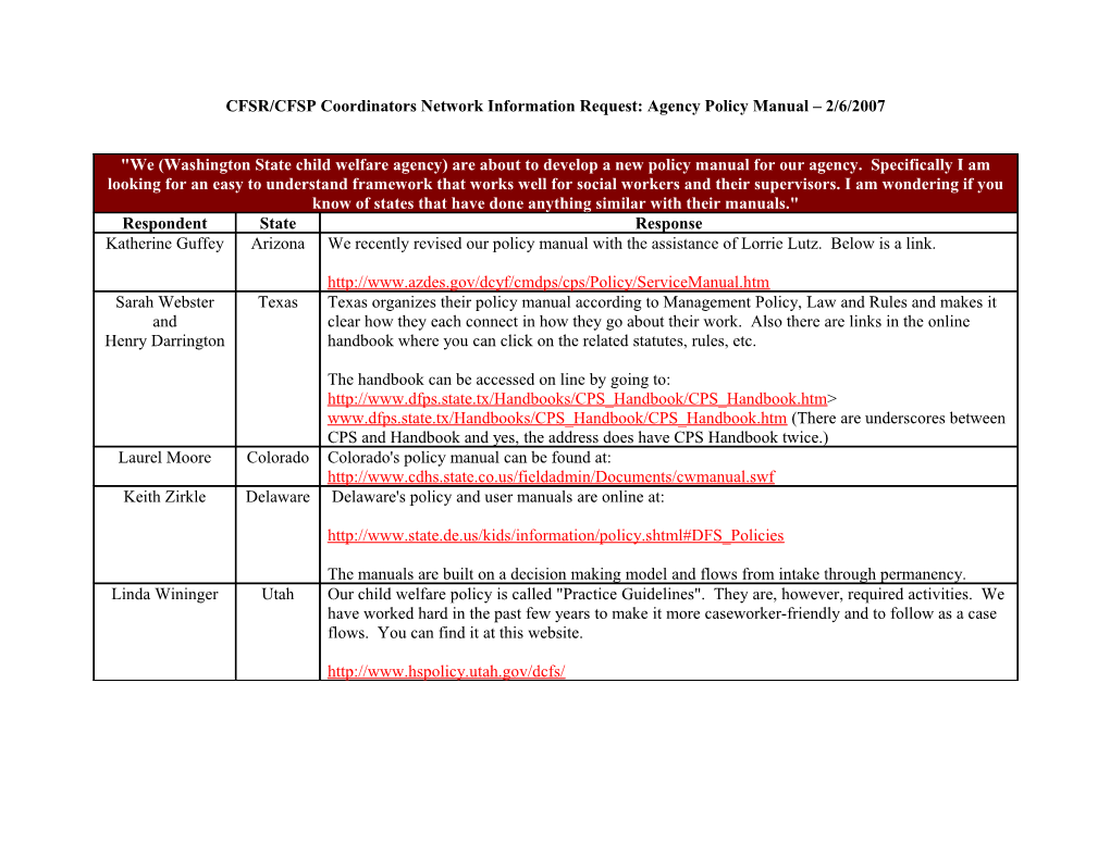 CFSR/CFSP Coordinators Network Information Request s1