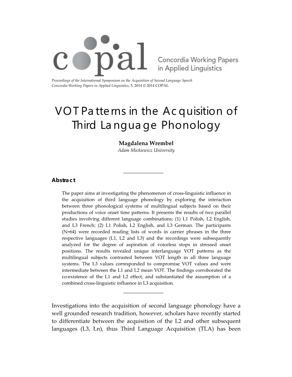 VOT Patterns in the Acquisition of Third Language Phonology