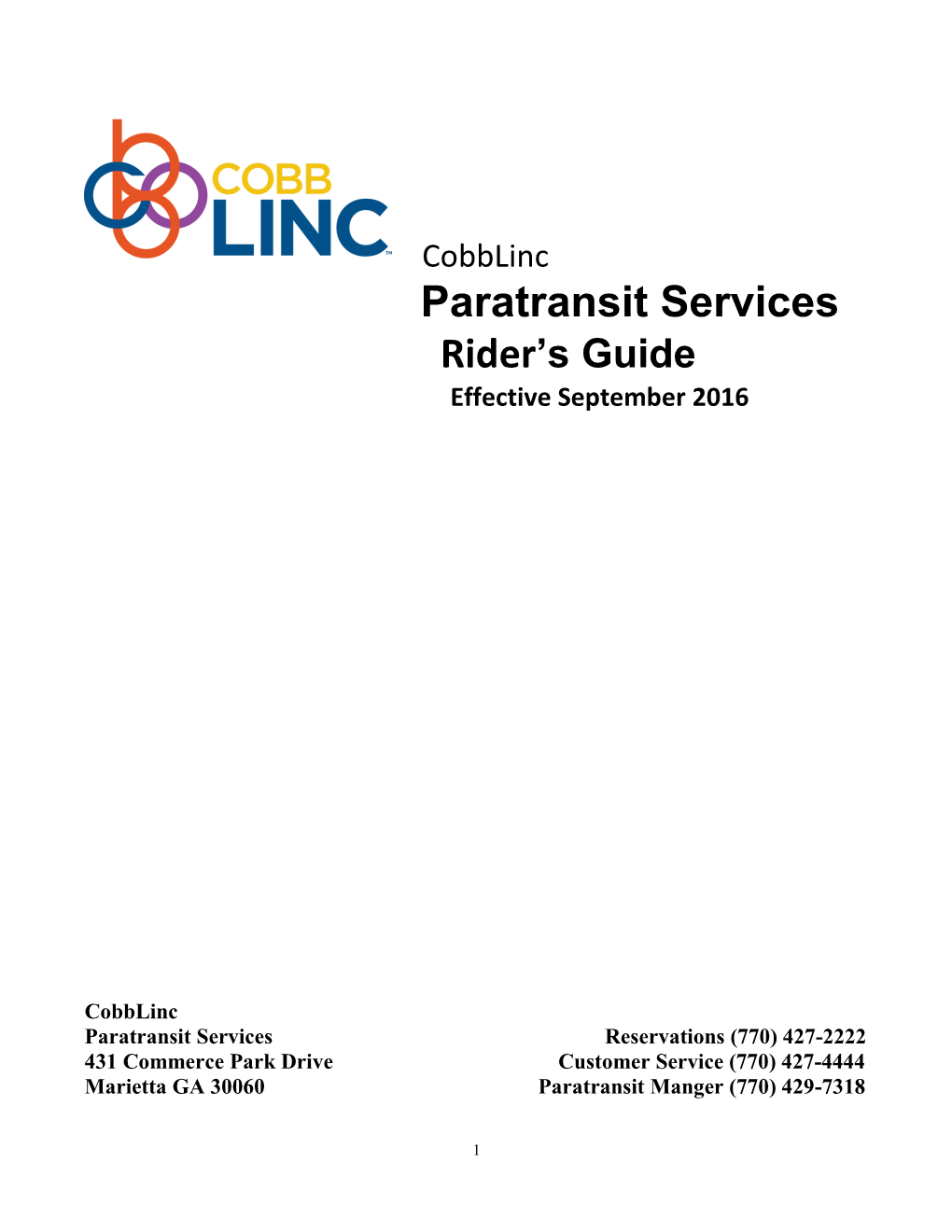 Cobblinc Paratransit Services Rider’S Guide Effective September 2016
