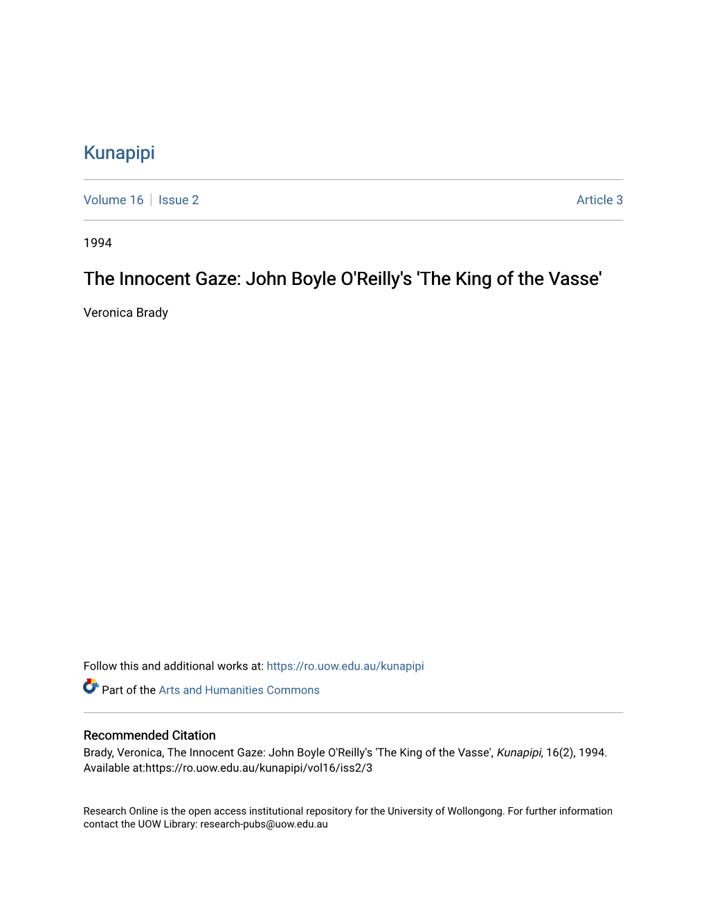 John Boyle O'reilly's 'The King of the Vasse'