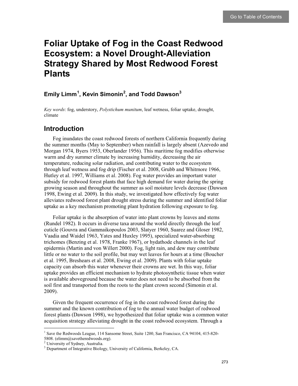 Foliar Uptake of Fog in the Coast Redwood Ecosystem: a Novel Drought-Alleviation Strategy Shared by Most Redwood Forest Plants