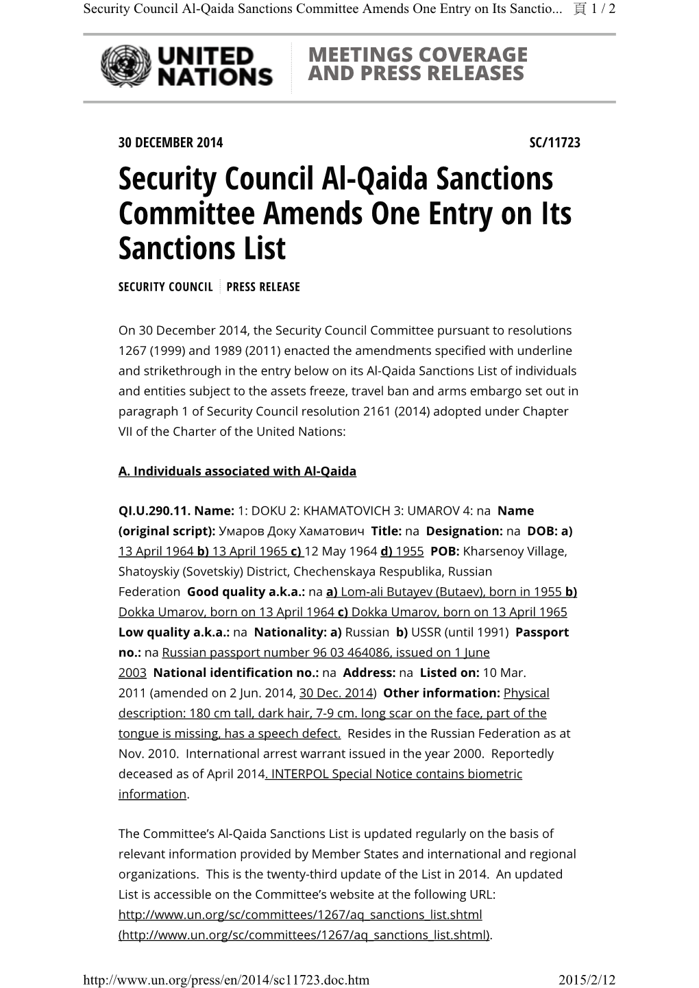 Security Council Al-Qaida Sanctions Committee Amends One Entry on Its Sanctio