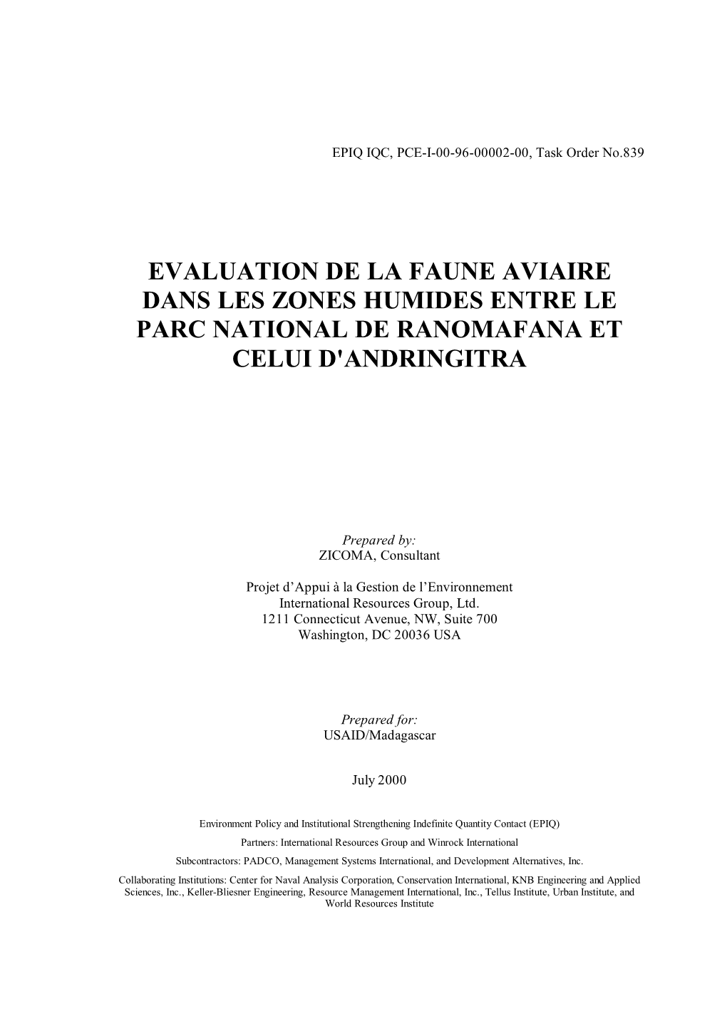 Evaluation De La Faune Aviaire Dans Les Zones Humides Entre Le Parc National De Ranomafana Et Celui D'andringitra