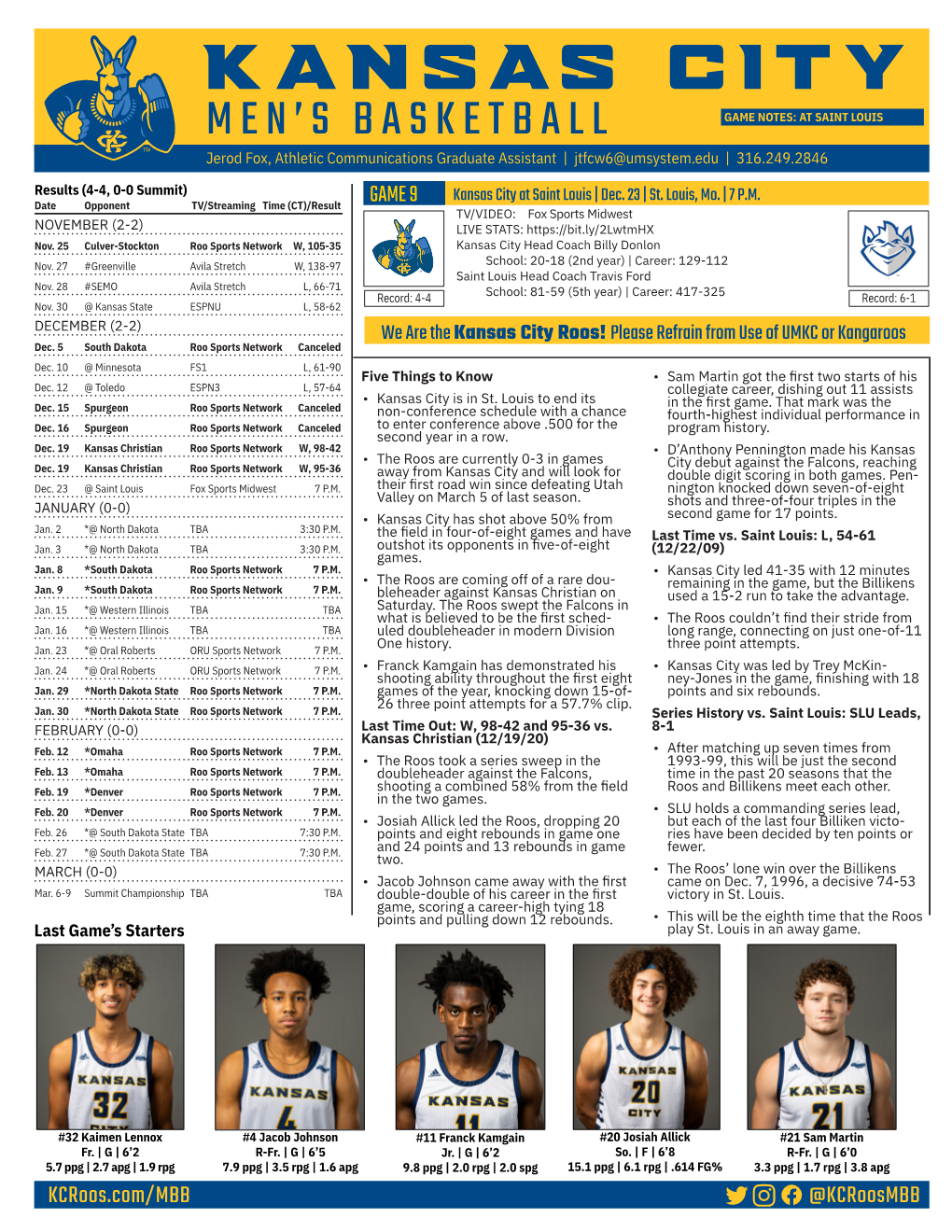 KANSAS CITY MEN’S BASKETBALL GAME NOTES: at SAINT LOUIS Jerod Fox, Athletic Communications Graduate Assistant | Jtfcw6@Umsystem.Edu | 316.249.2846