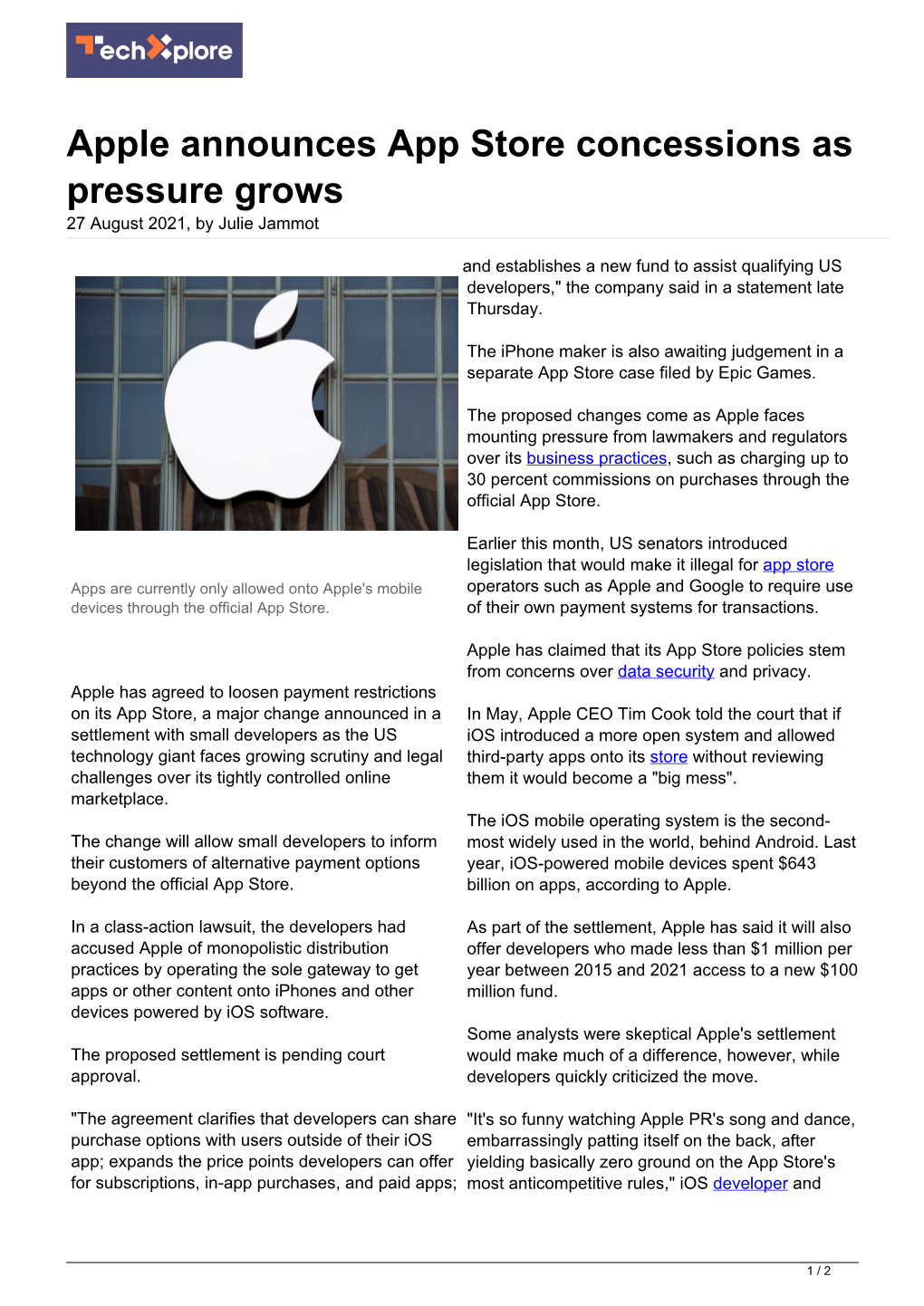 Apple Announces App Store Concessions As Pressure Grows 27 August 2021, by Julie Jammot