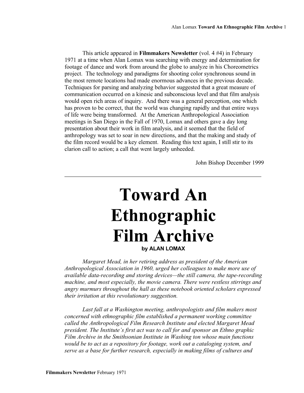 Toward an Ethnographic Film Archive 1