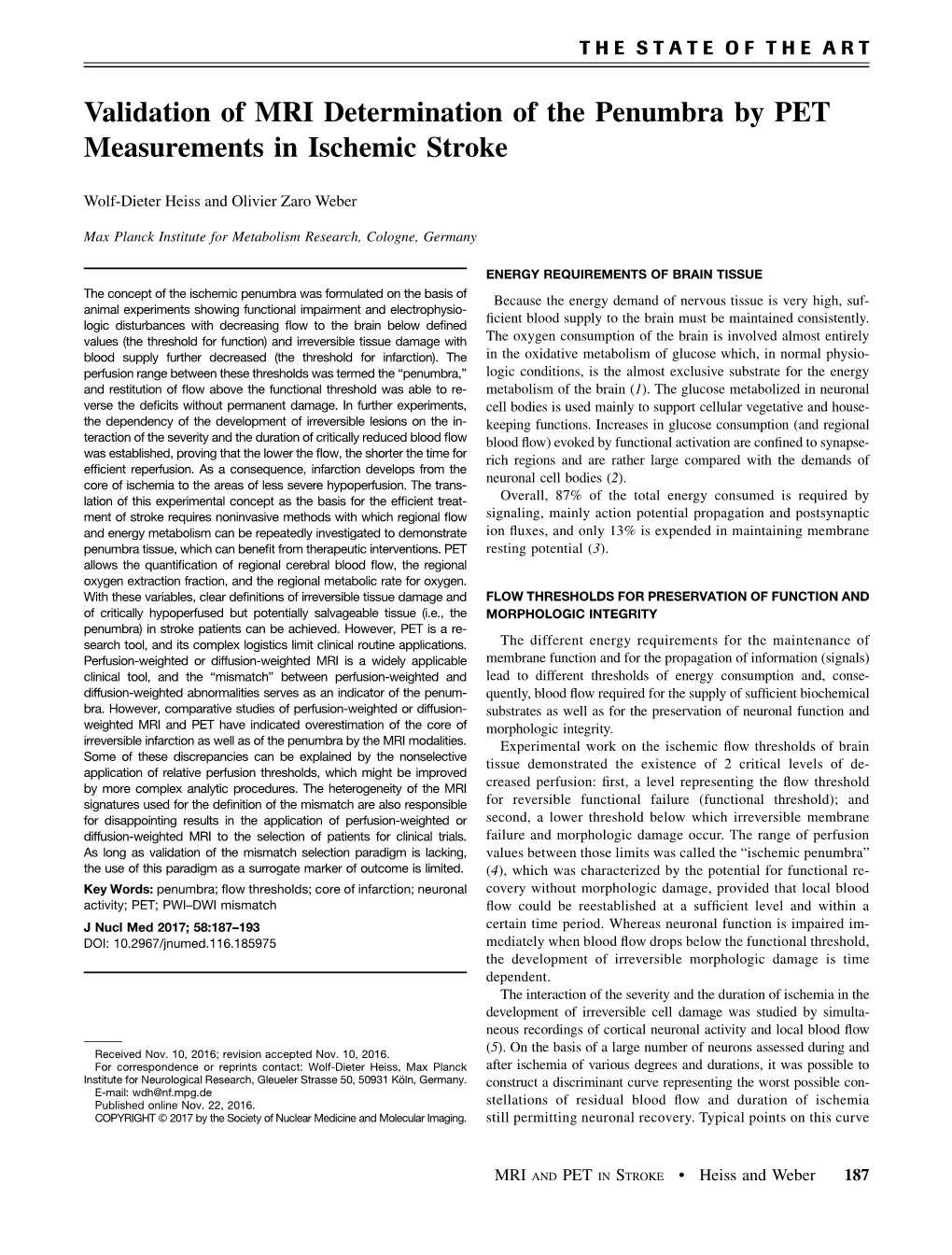 Validation of MRI Determination of the Penumbra by PET Measurements in Ischemic Stroke