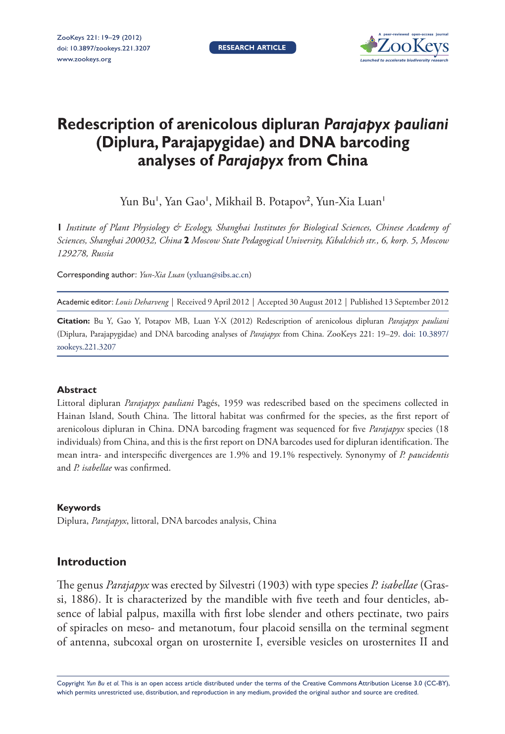 Redescription of Arenicolous Dipluran Parajapyx Pauliani (Diplura, Parajapygidae) and DNA Barcoding Analyses of Parajapyx from China