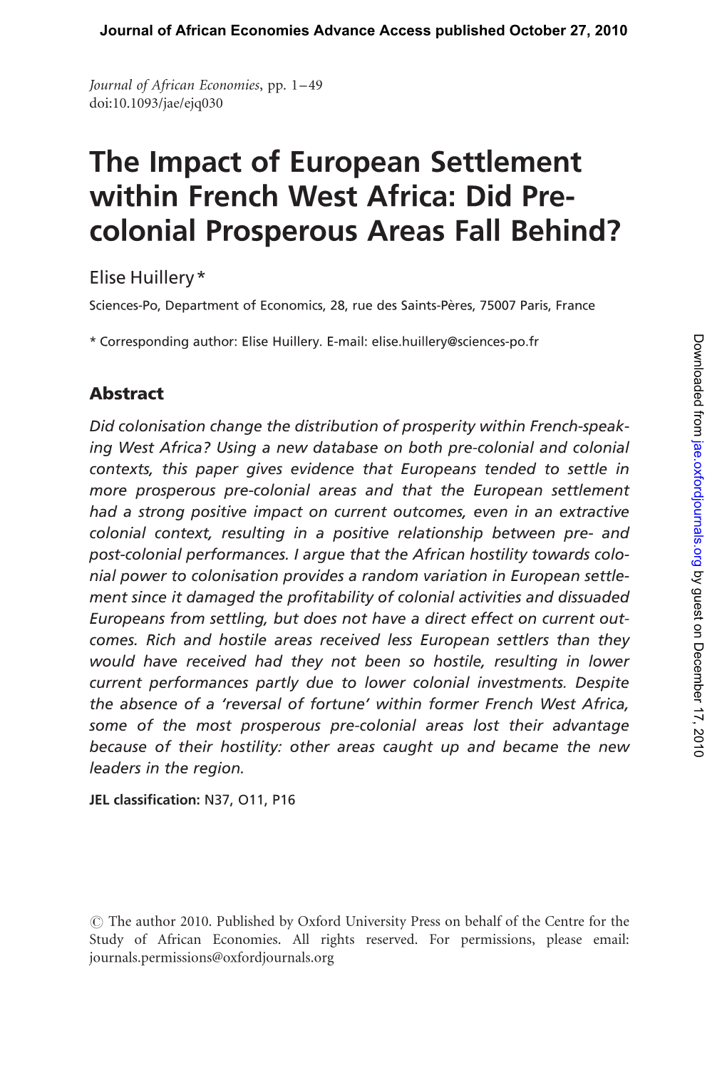 The Impact of European Settlement Within French West Africa: Did Pre- Colonial Prosperous Areas Fall Behind?