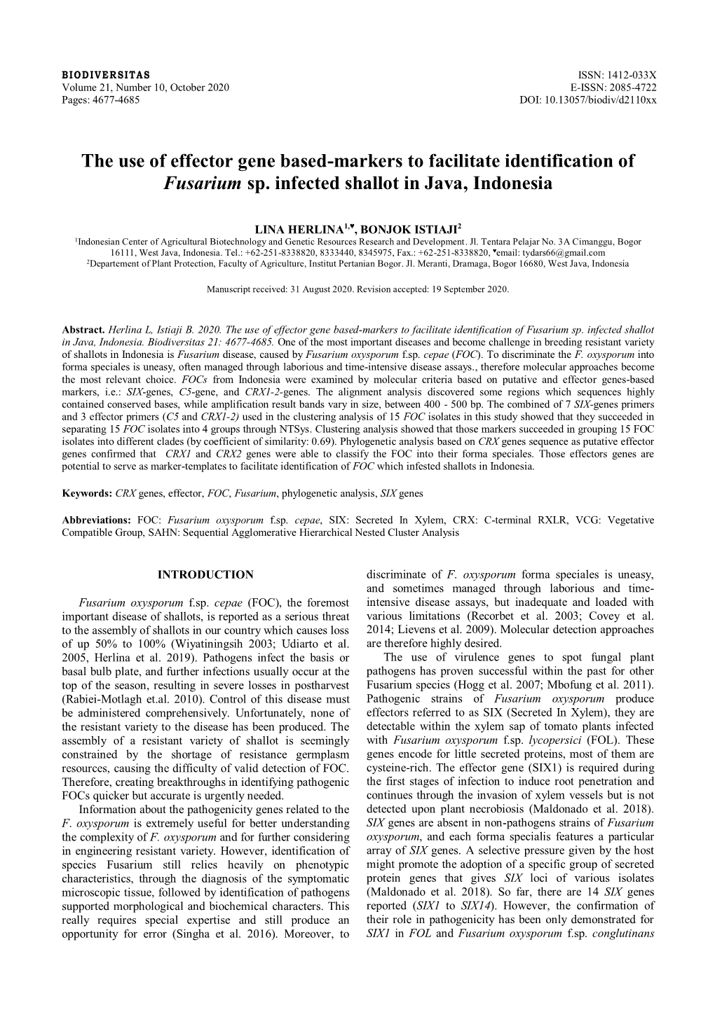 The Use of Effector Gene Based-Markers to Facilitate Identification of Fusarium Sp. Infected Shallot in Java, Indonesia