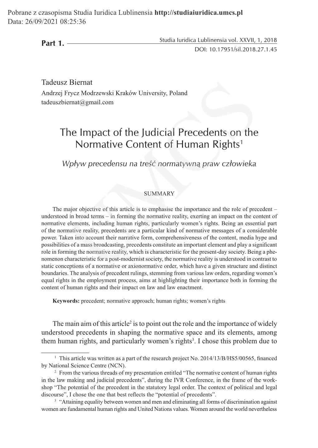 The Impact of the Judicial Precedents on the Normative Content of Human Rights1