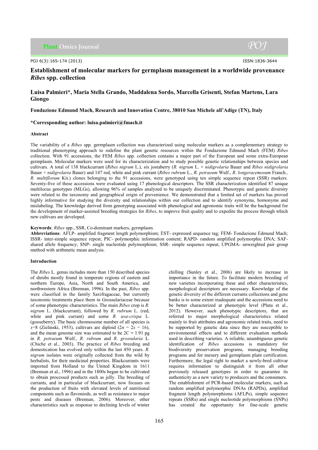 Establishment of Molecular Markers for Germplasm Management in a Worldwide Provenance Ribes Spp