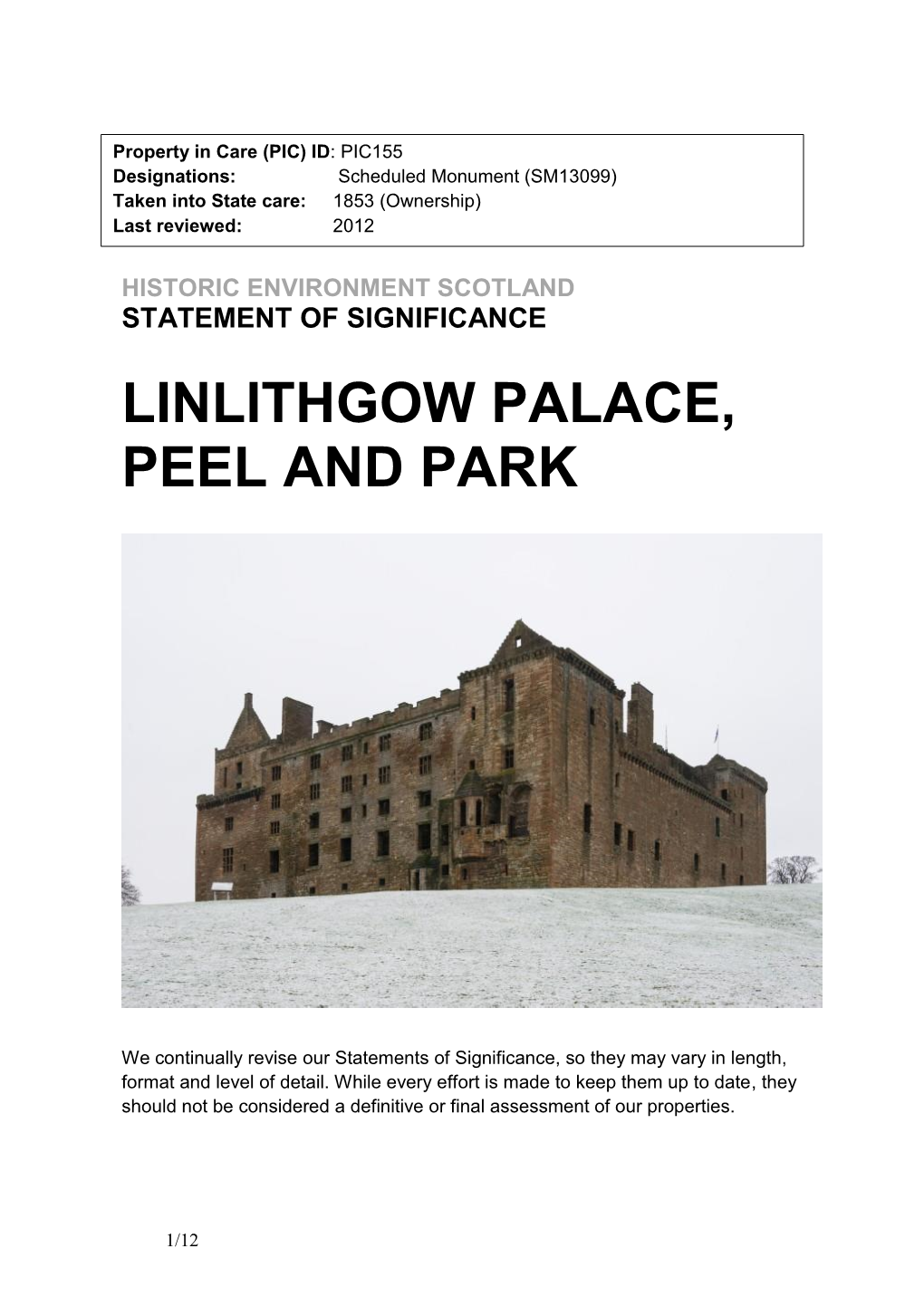 Linlithgow Palace, Peel and Park