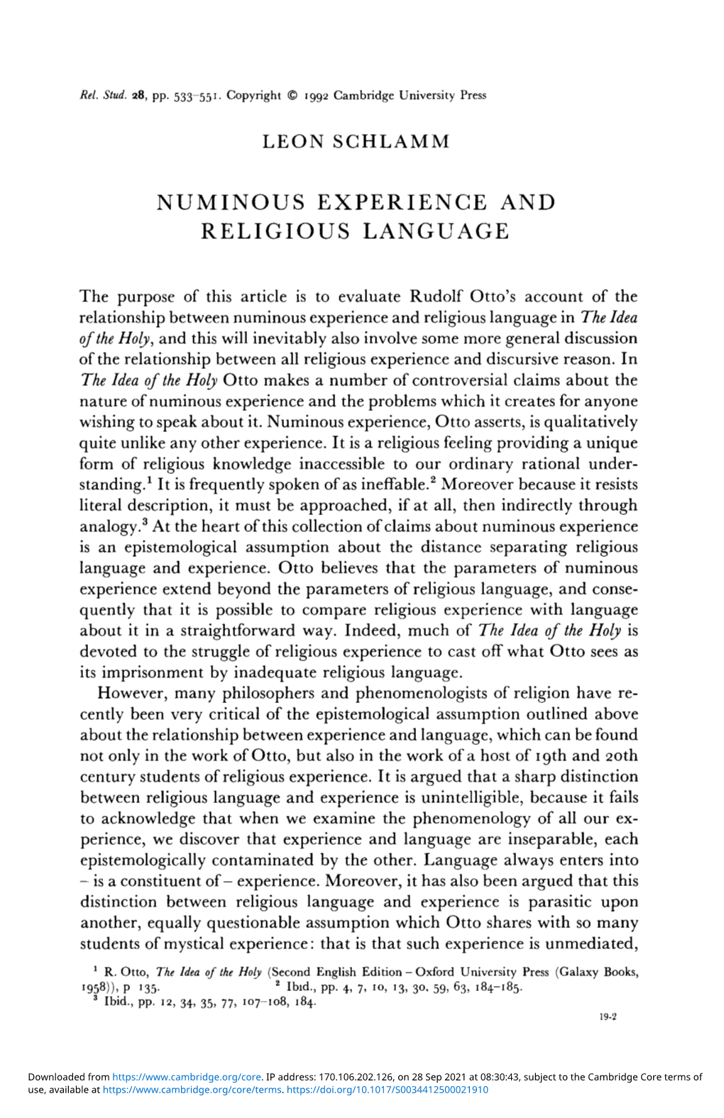 Numinous Experience and Religious Language