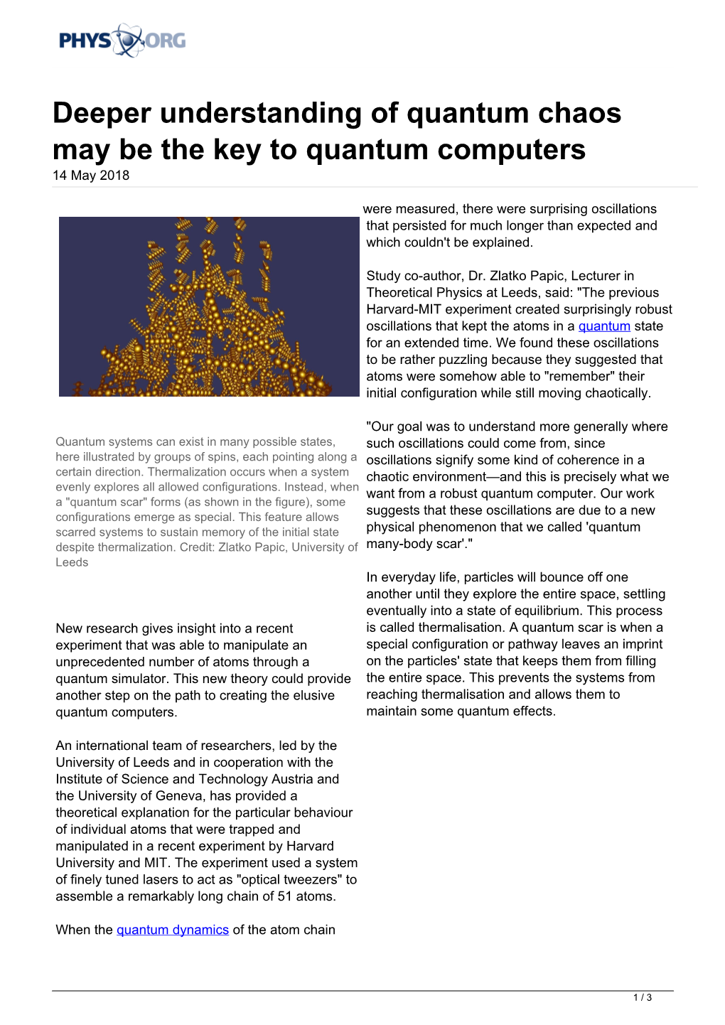 Deeper Understanding of Quantum Chaos May Be the Key to Quantum Computers 14 May 2018