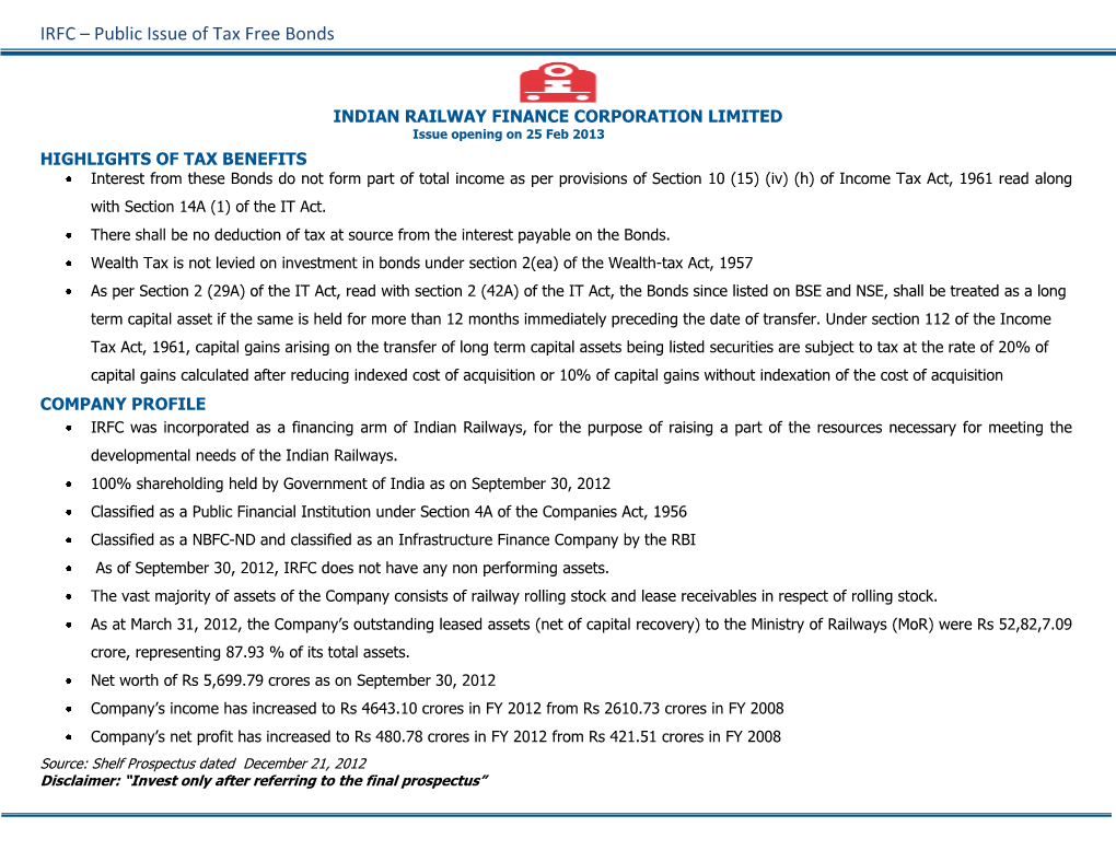 IRFC – Public Issue of Tax Free Bonds