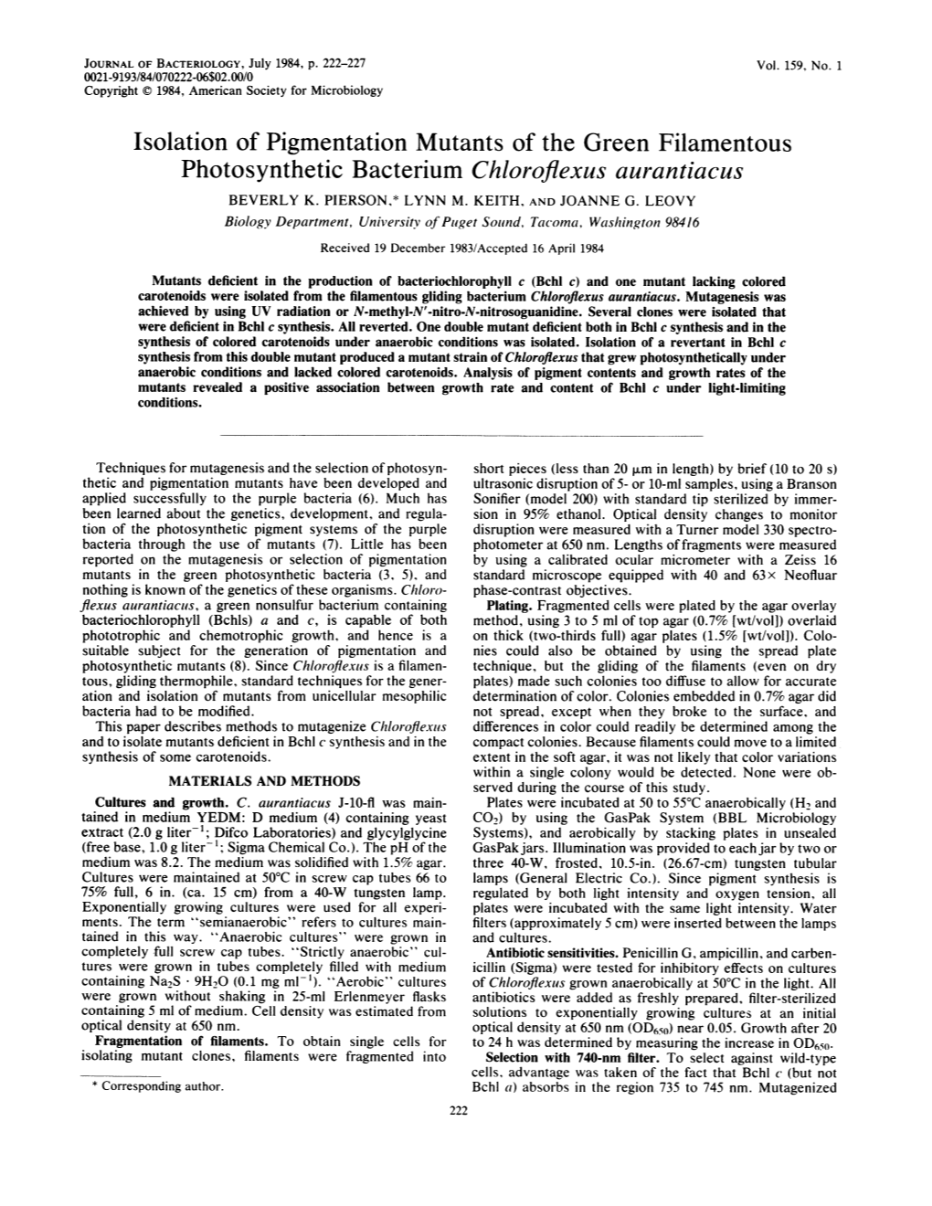 Photosynthetic Bacterium Chloroflexus Aurantiacus BEVERLY K