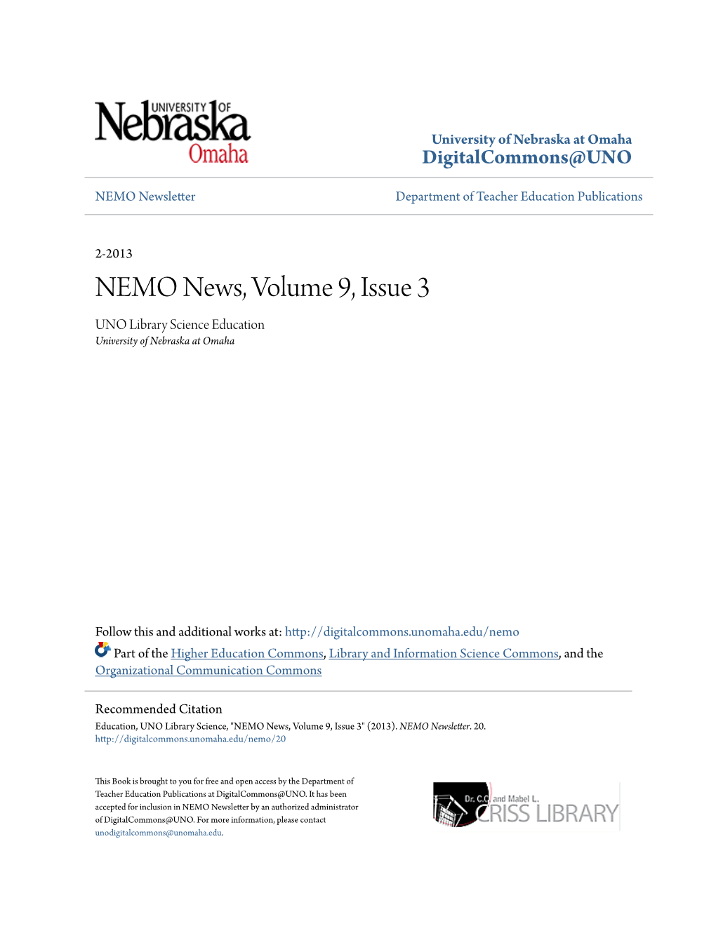 NEMO News, Volume 9, Issue 3 UNO Library Science Education University of Nebraska at Omaha