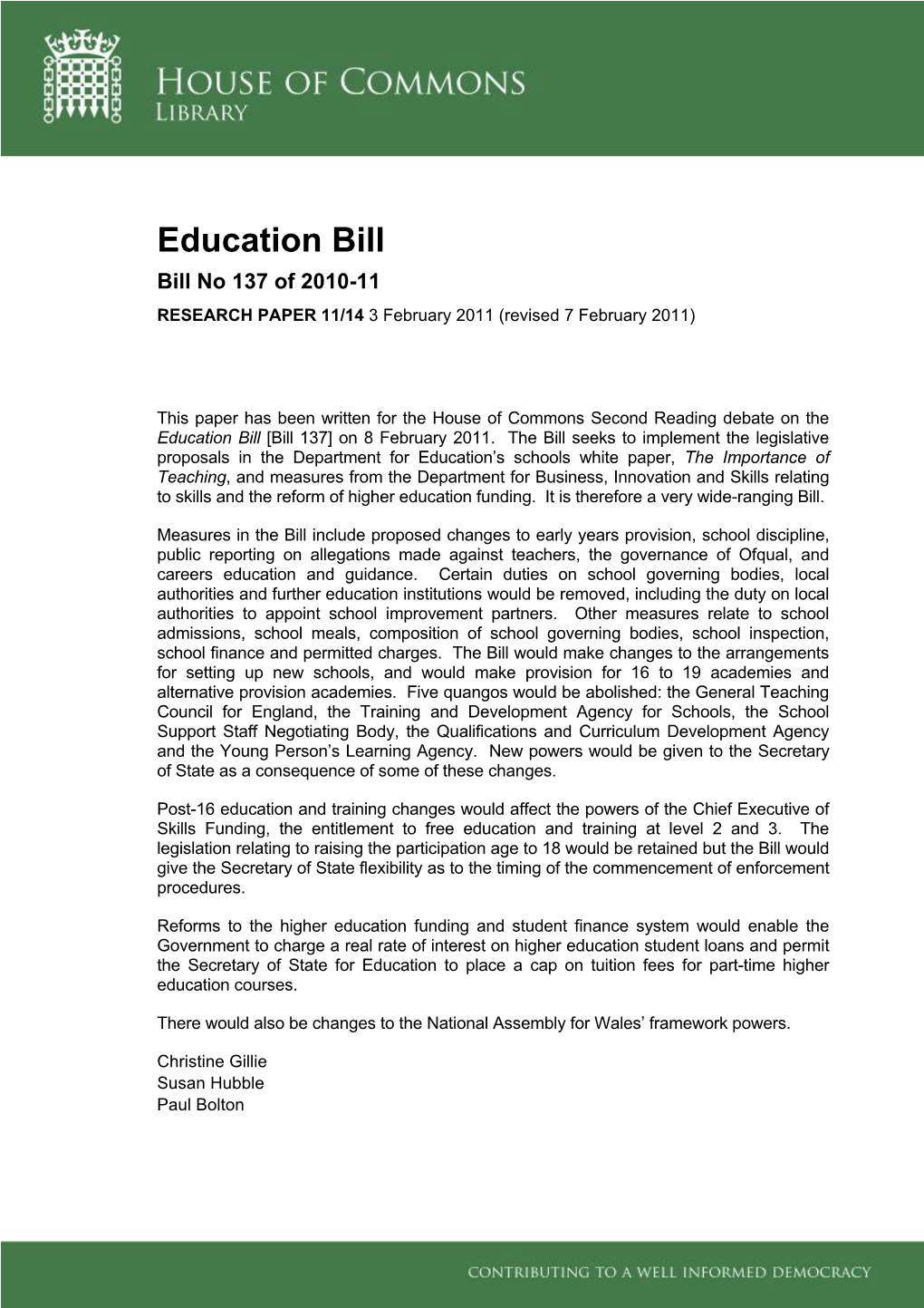 Education Bill Bill No 137 of 2010-11 RESEARCH PAPER 11/14 3 February 2011 (Revised 7 February 2011)