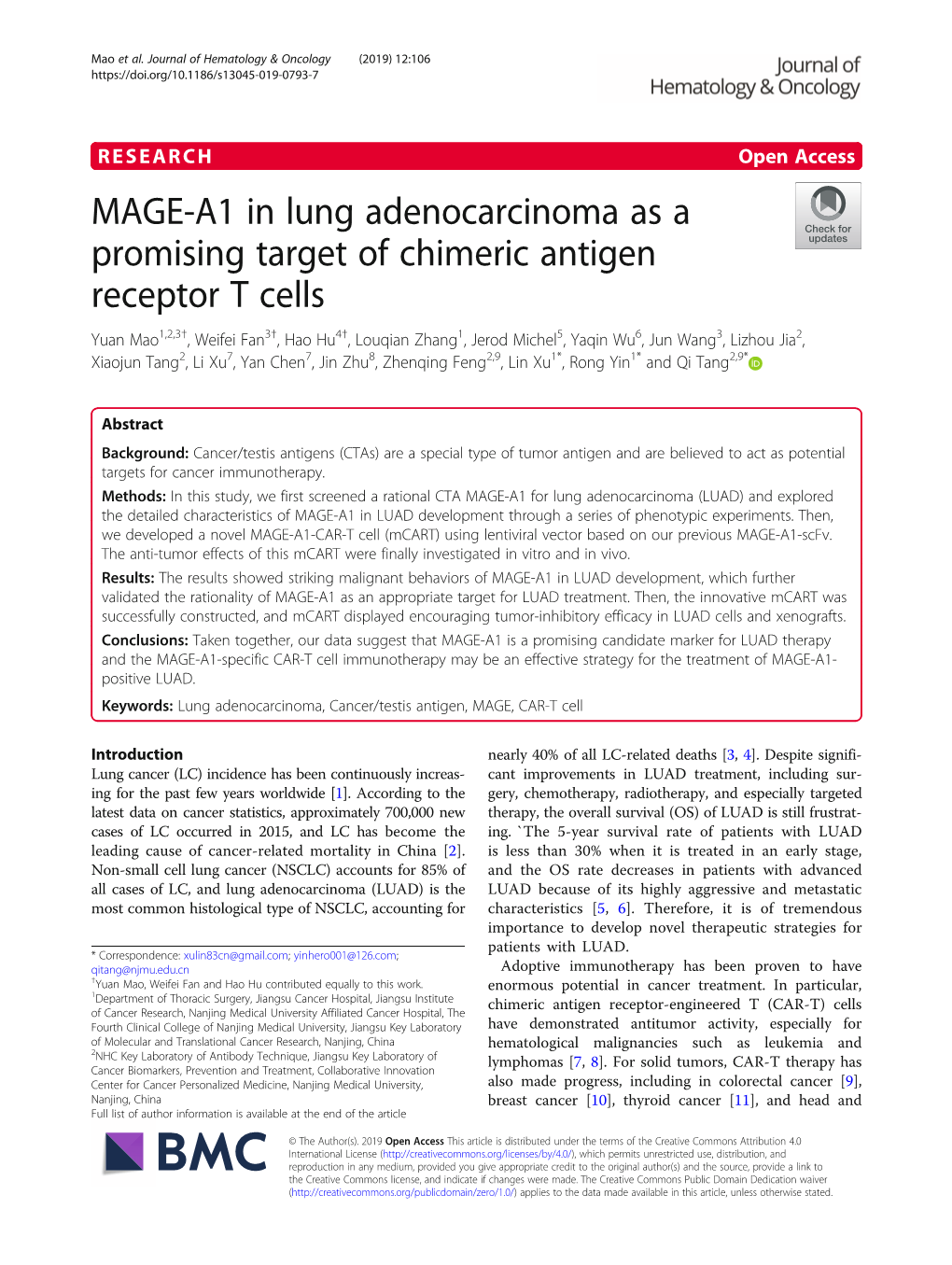 MAGE-A1 in Lung Adenocarcinoma As a Promising Target of Chimeric