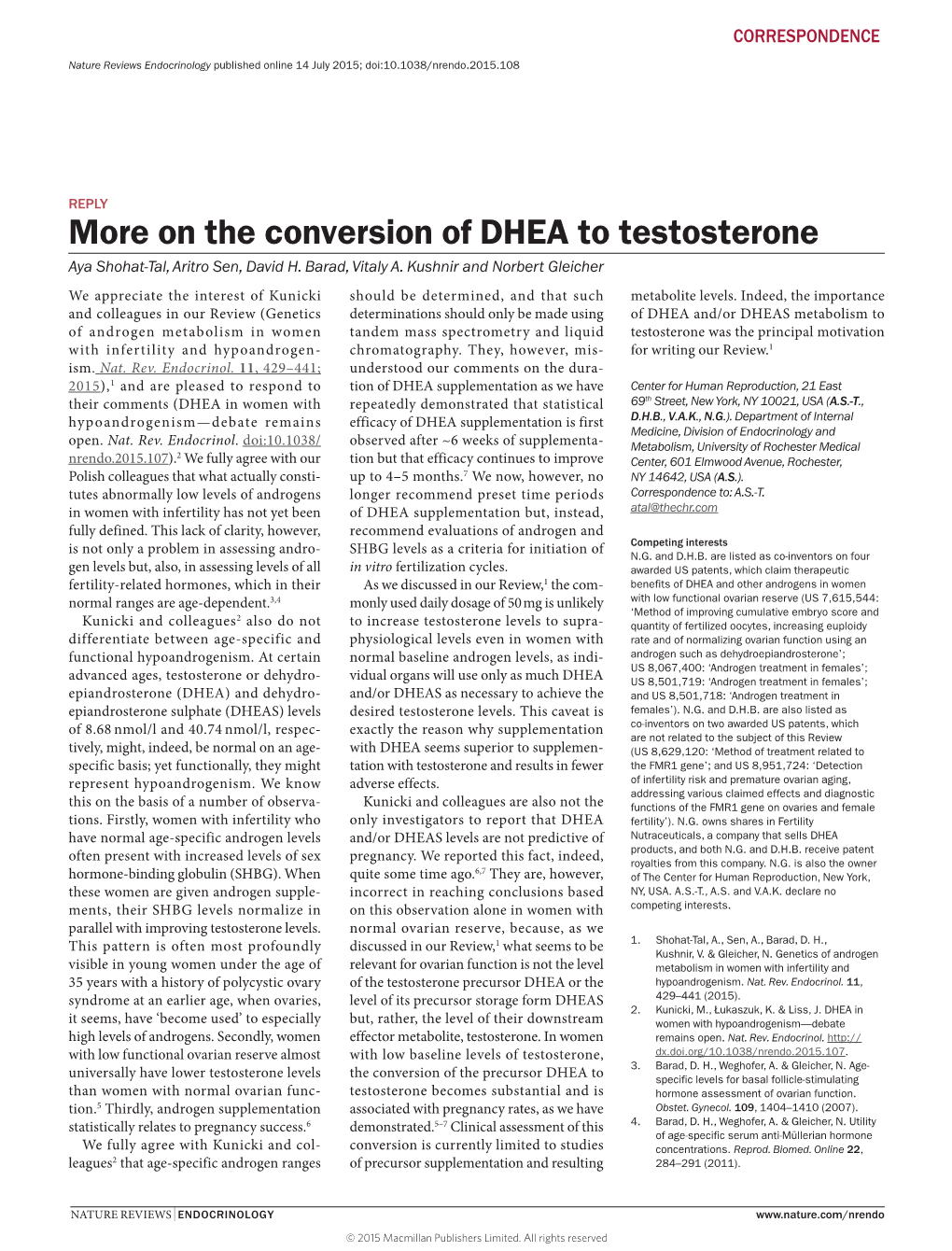 More on the Conversion of DHEA to Testosterone Aya Shohat-Tal, Aritro Sen, David H