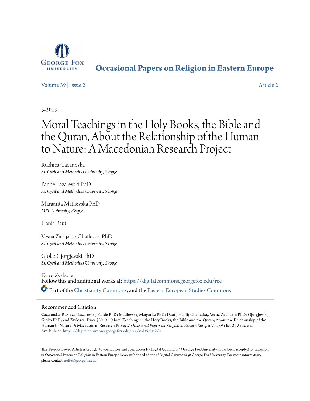 Moral Teachings in the Holy Books, the Bible and the Quran, About the Relationship of the Human to Nature: a Macedonian Research Project Ruzhica Cacanoska Ss