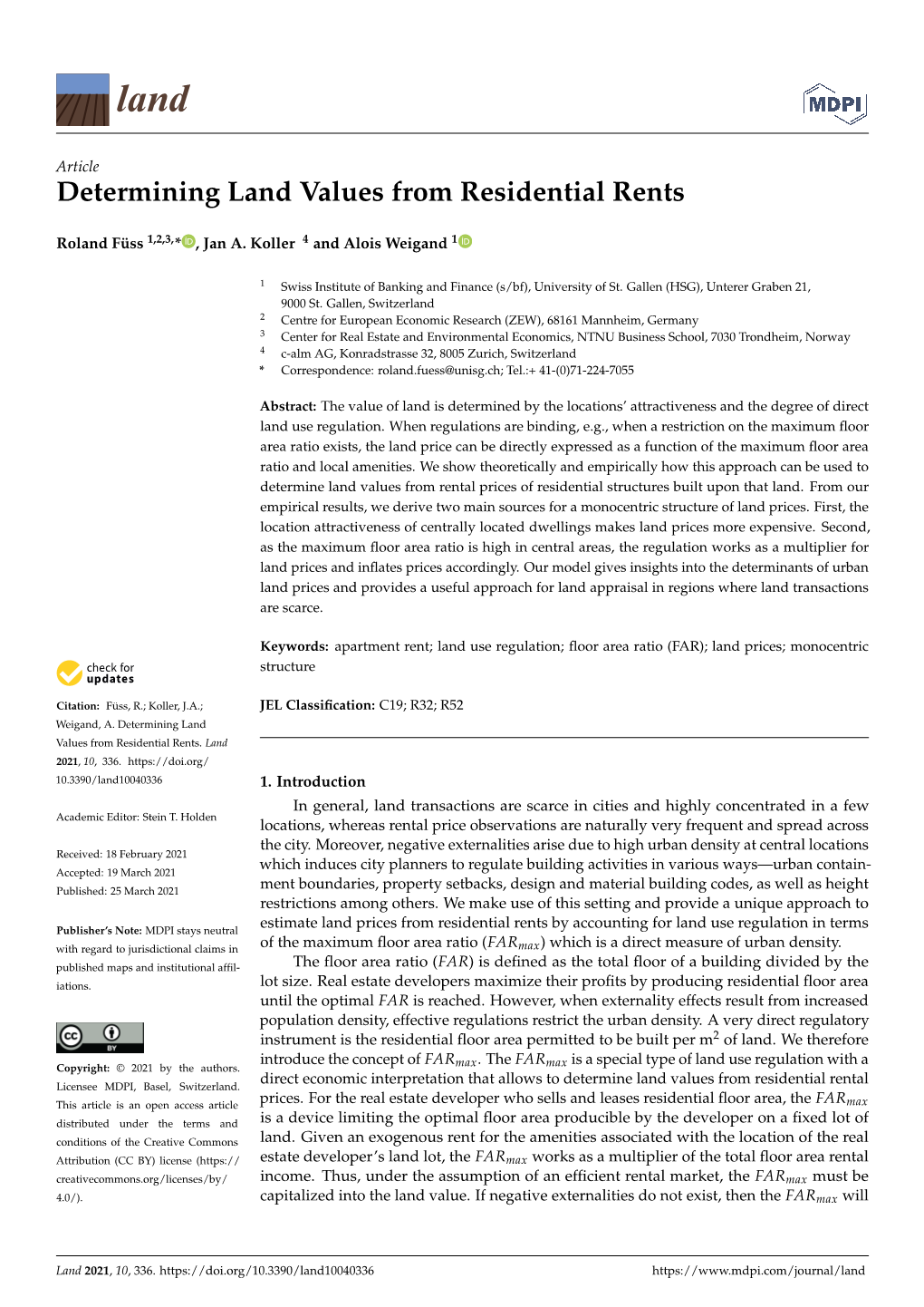 Determining Land Values from Residential Rents