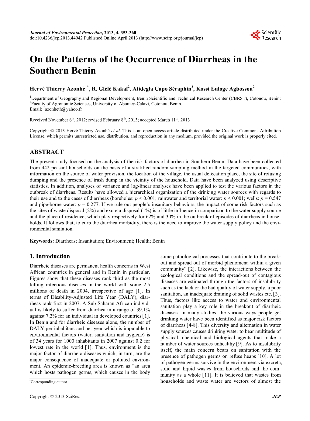 On the Patterns of the Occurrence of Diarrheas in the Southern Benin