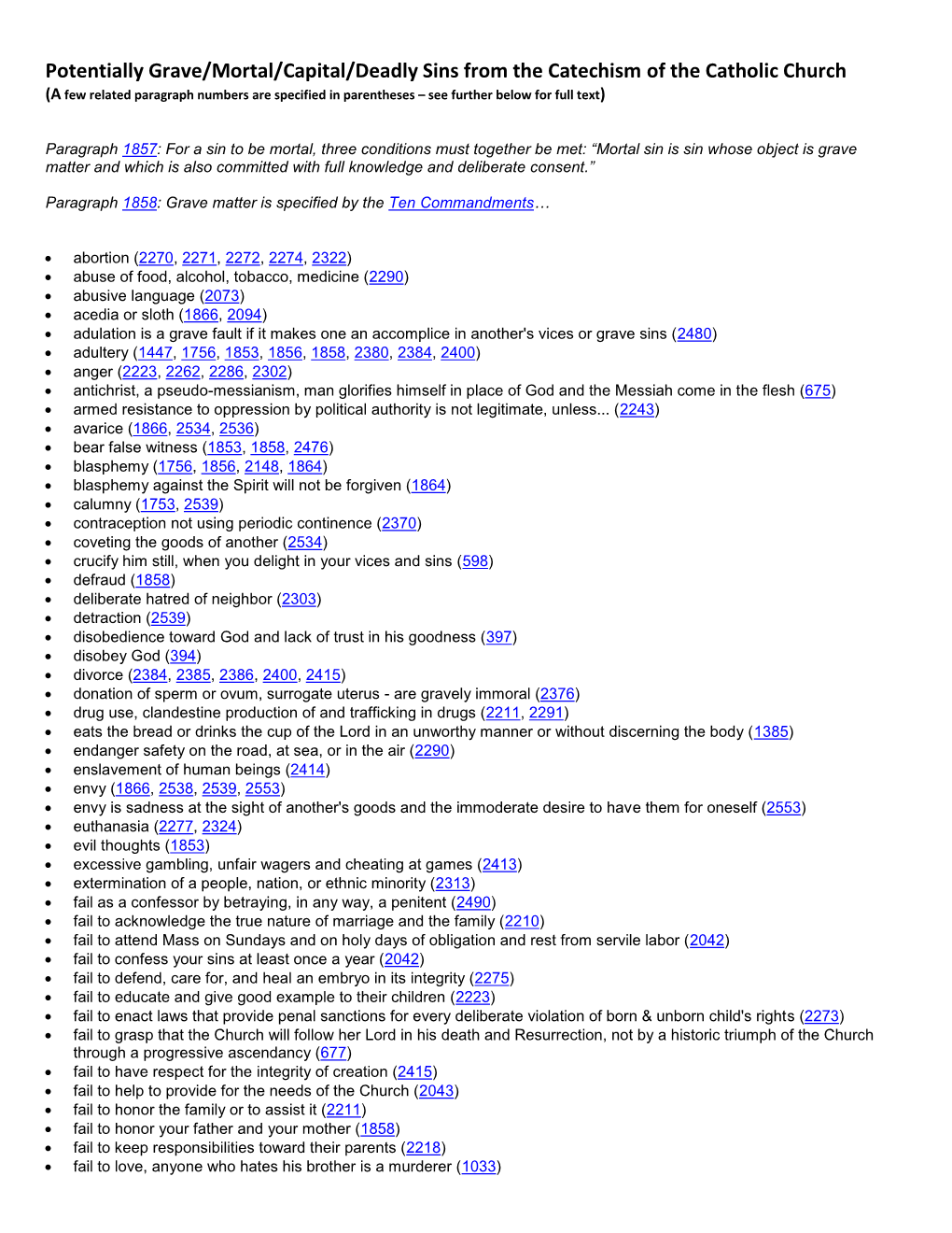 A List of Grave Sins from the Catechism of the Catholic Church