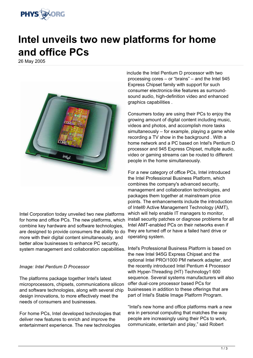 Intel Unveils Two New Platforms for Home and Office Pcs 26 May 2005