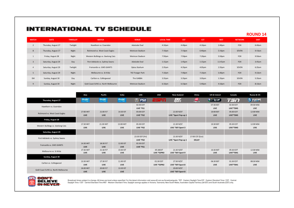 Round 14 Match Date Timeslot Match Venue Local Time Est Cst Wst Network Gmt