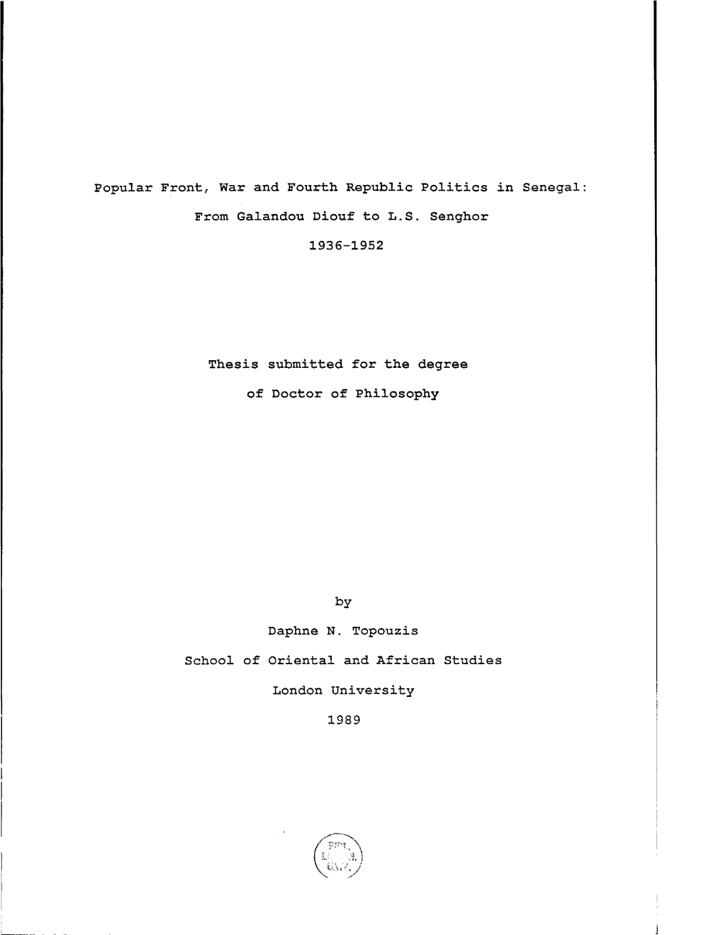 Popular Frontr War and Fourth Republic Politics in Senegal From