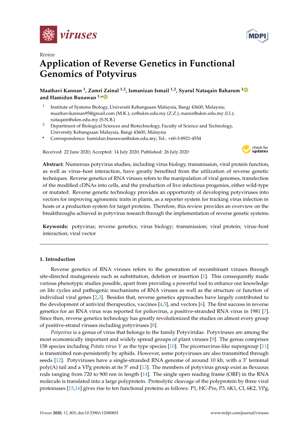 Application of Reverse Genetics in Functional Genomics of Potyvirus