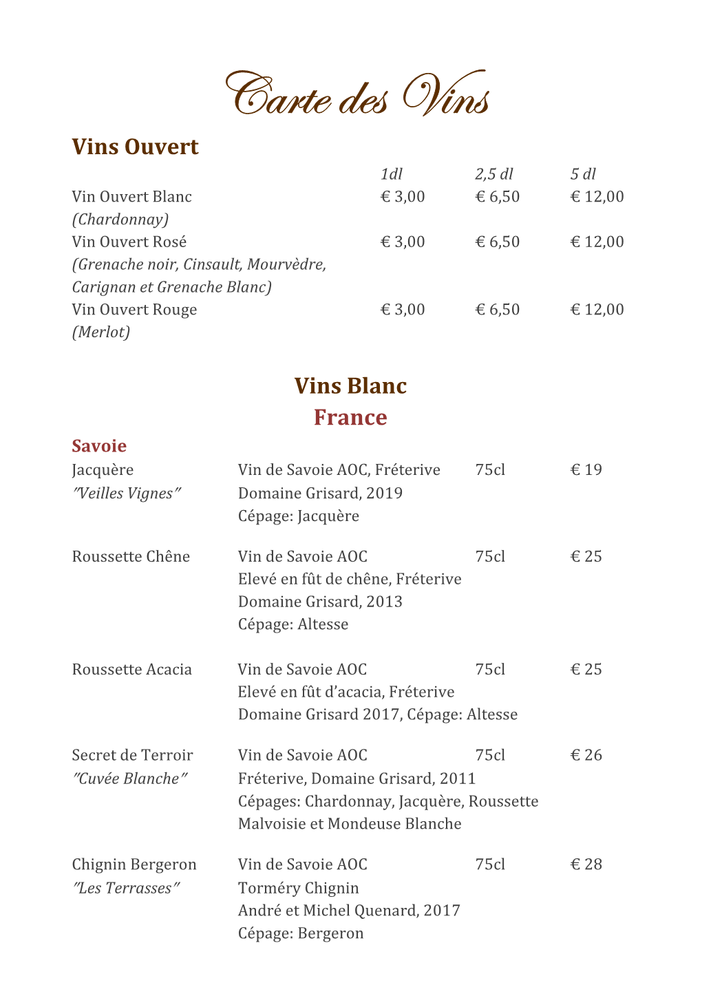 Carte Des Vins