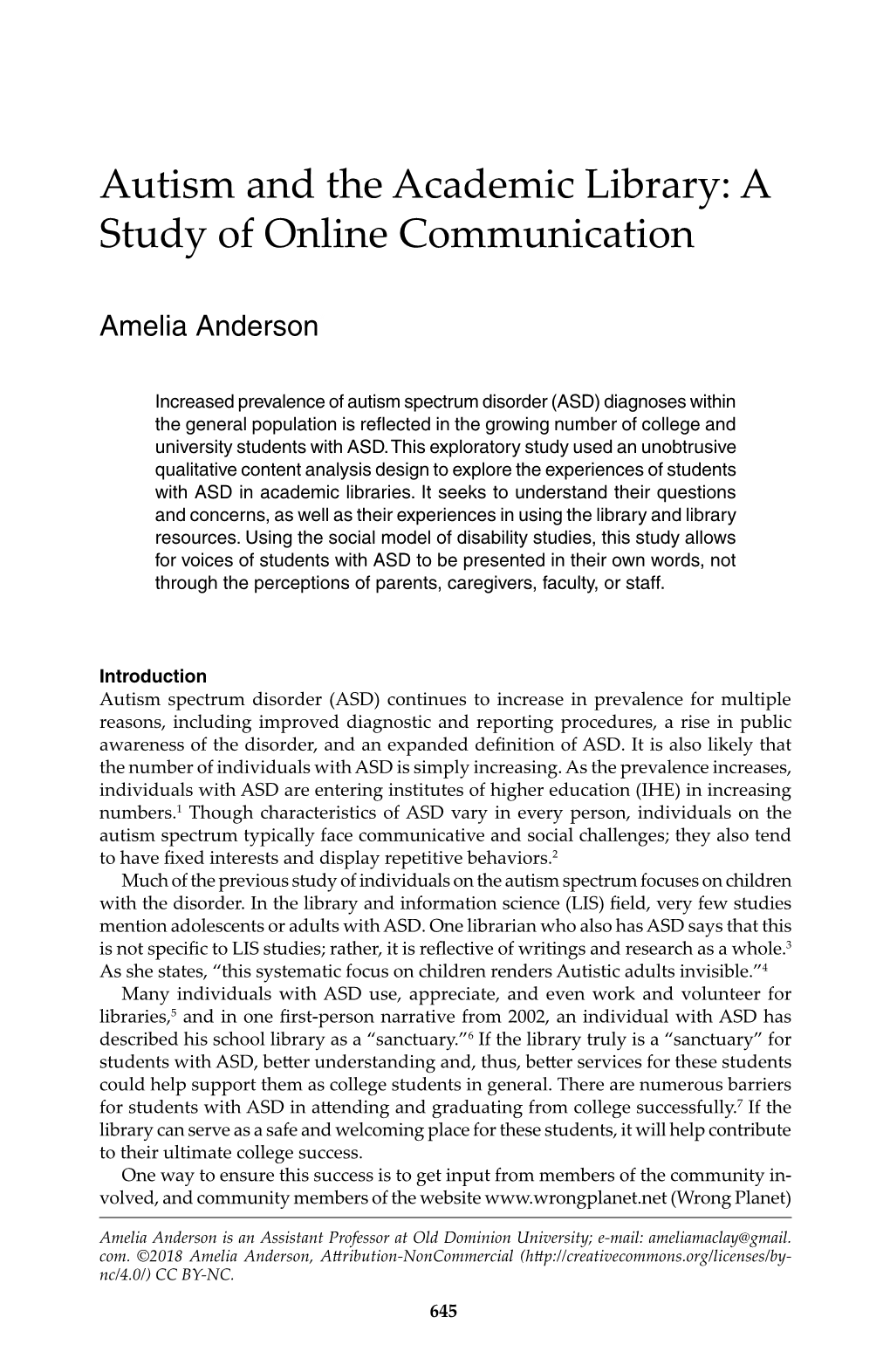 Autism and the Academic Library: a Study of Online Communication