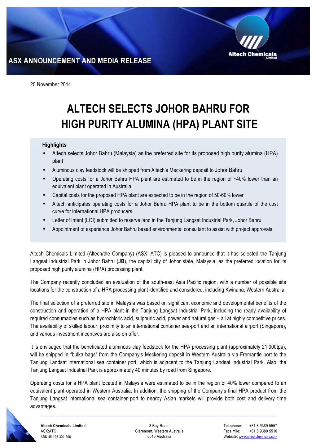 Altech Selects Johor Bahru for High Purity Alumina (Hpa) Plant Site