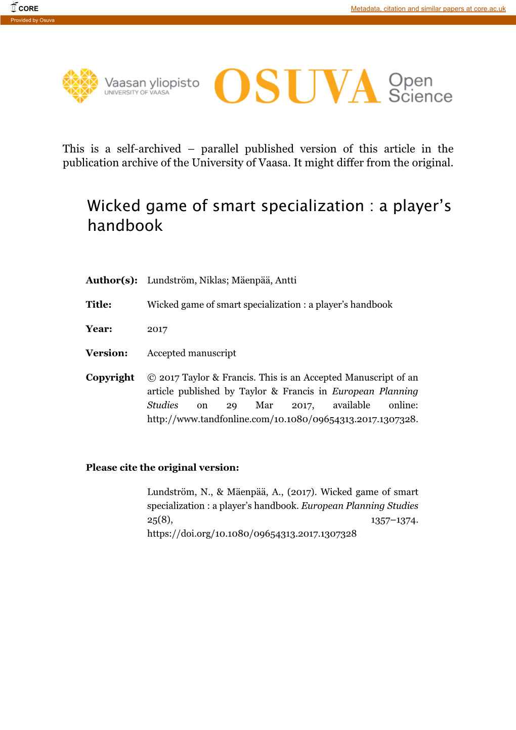 Wicked Game of Smart Specialization : a Player's Handbook