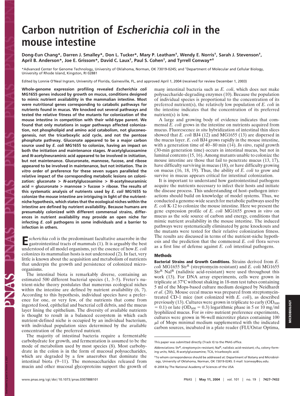 Carbon Nutrition of Escherichia Coli in the Mouse Intestine