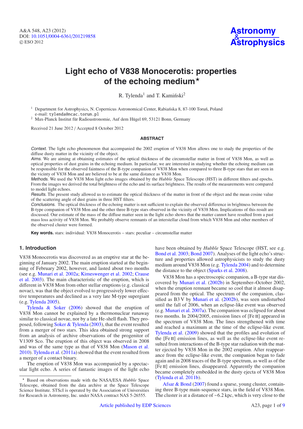 Light Echo of V838 Monocerotis: Properties of the Echoing Medium