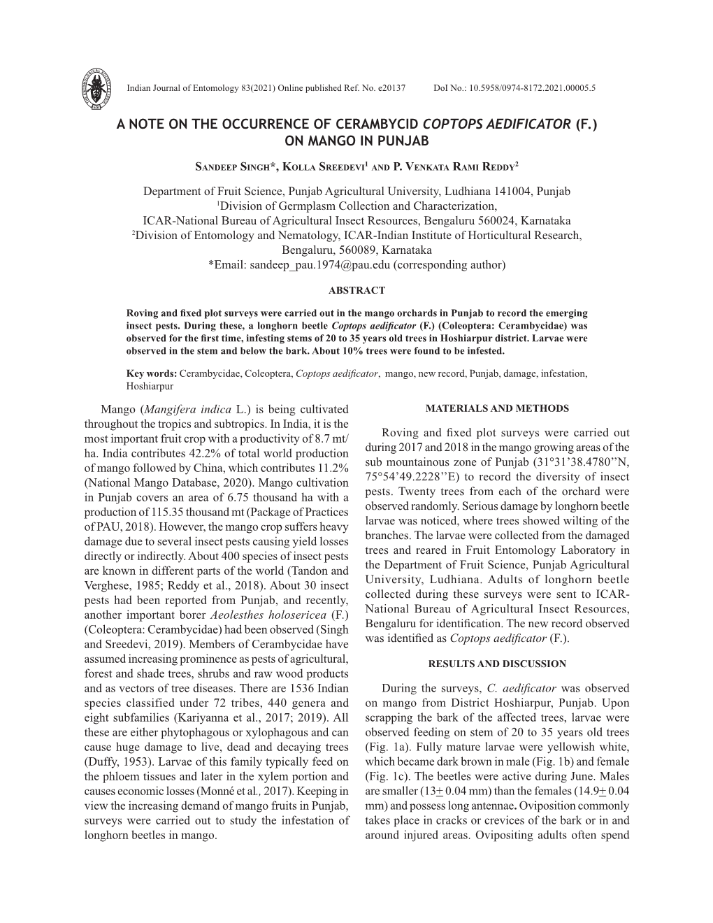 A Note on the Occurrence of Cerambycid Coptops Aedificator (F.) on Mango in Punjab