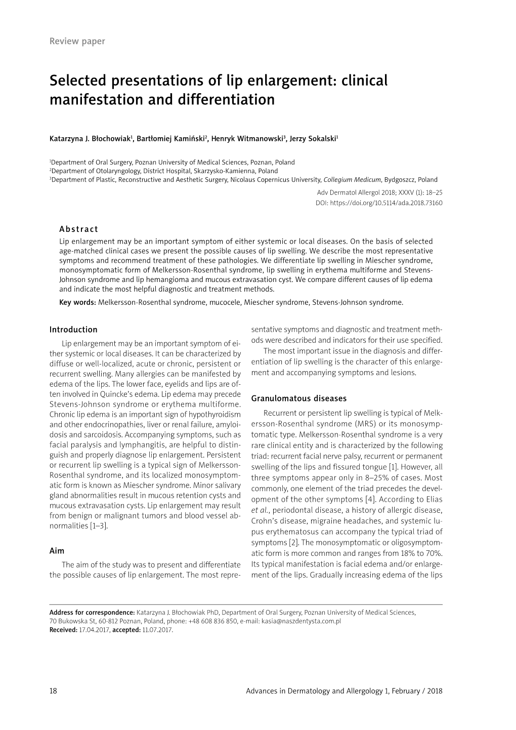 Selected Presentations of Lip Enlargement: Clinical Manifestation and Differentiation