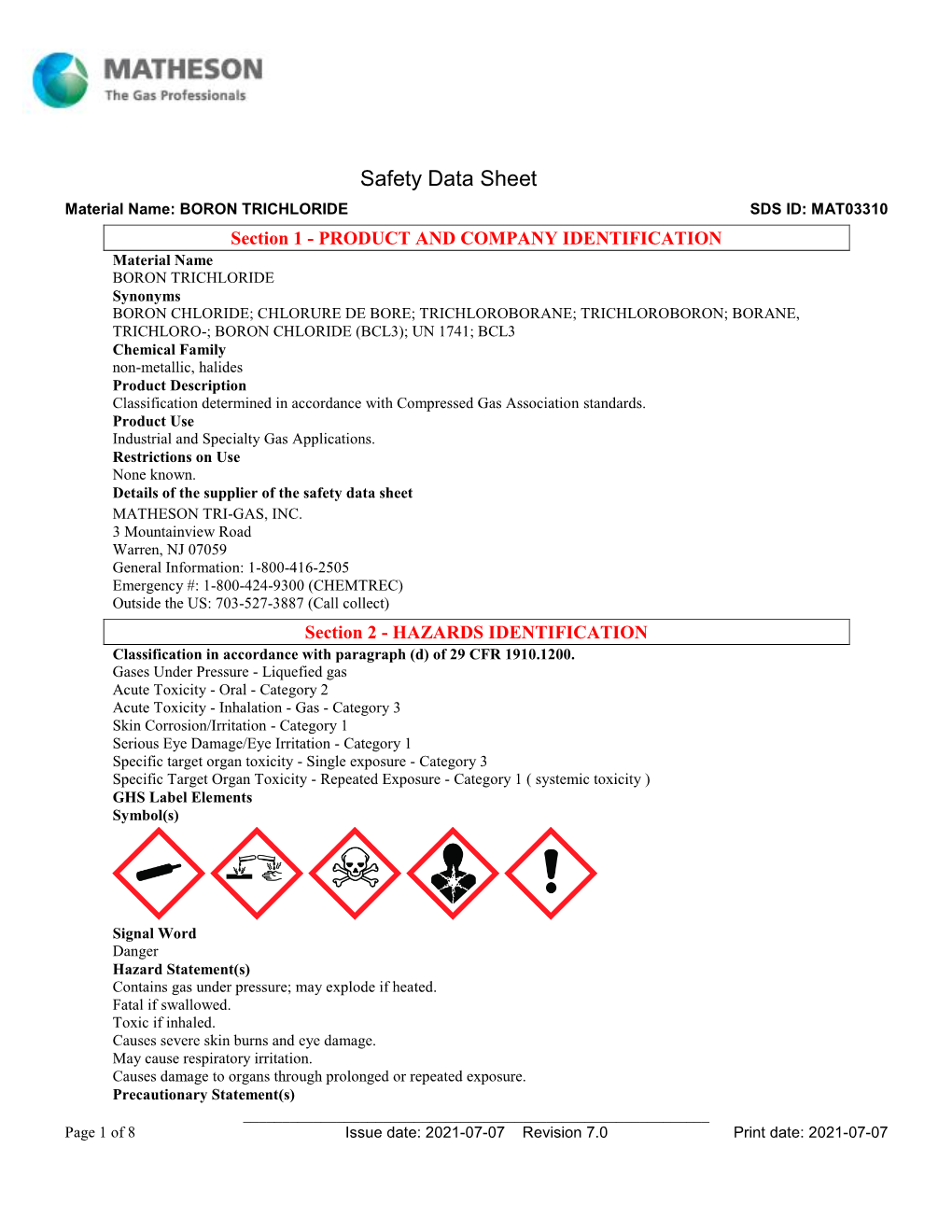 Safety Data Sheet Material Name: BORON TRICHLORIDE SDS ID: MAT03310