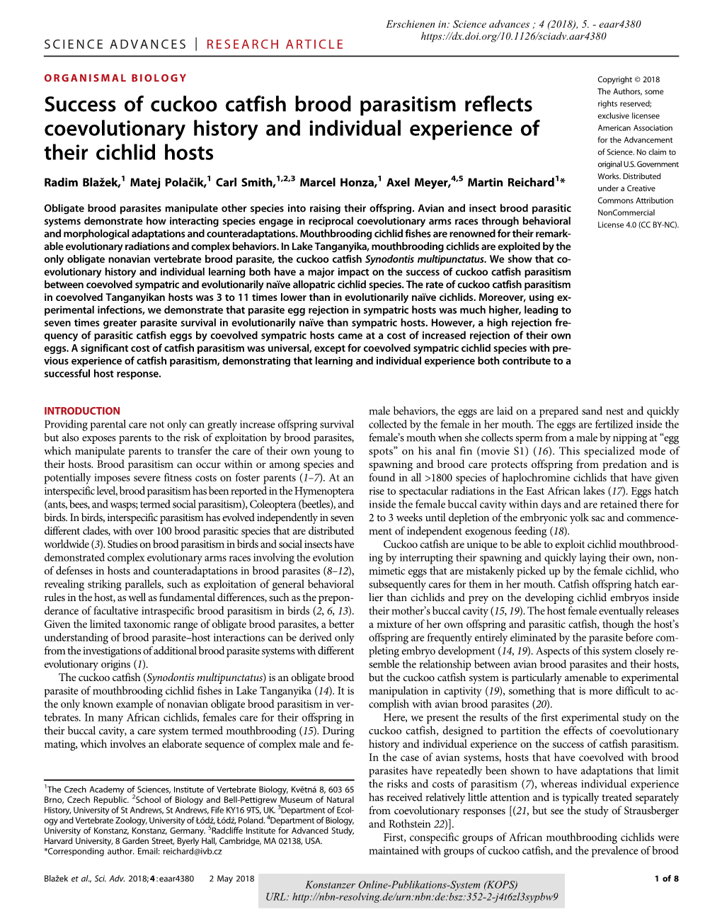 Success of Cuckoo Catfish Brood Parasitism Reflects Coevolutionary