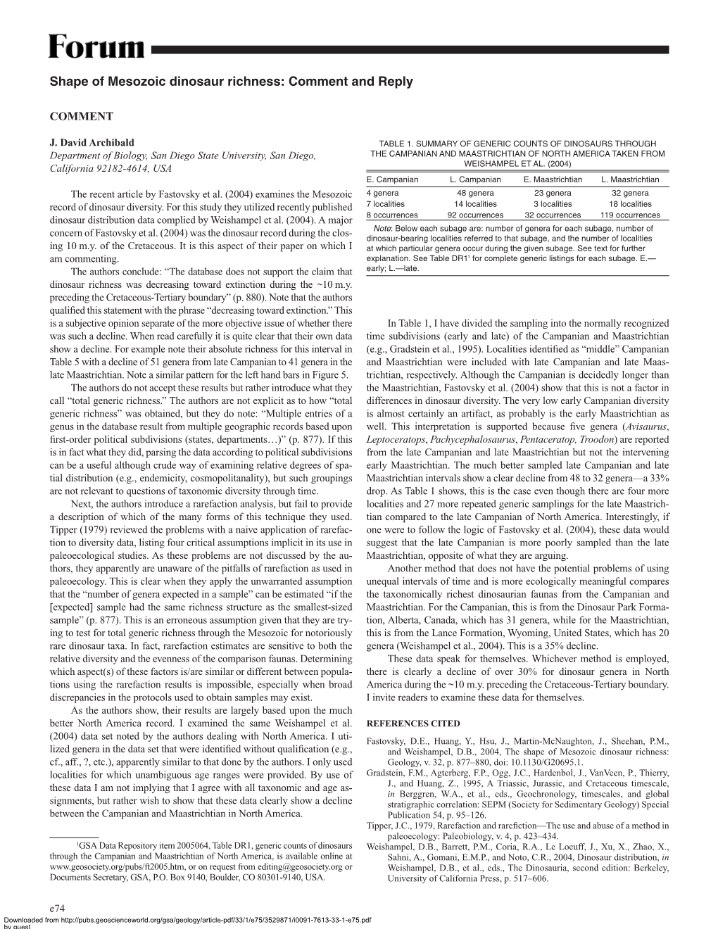 Shape of Mesozoic Dinosaur Richness: Comment and Reply