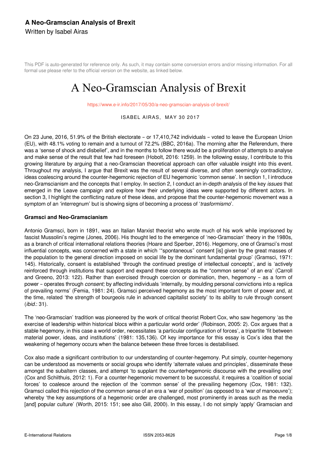 A Neo-Gramscian Analysis of Brexit Written by Isabel Airas