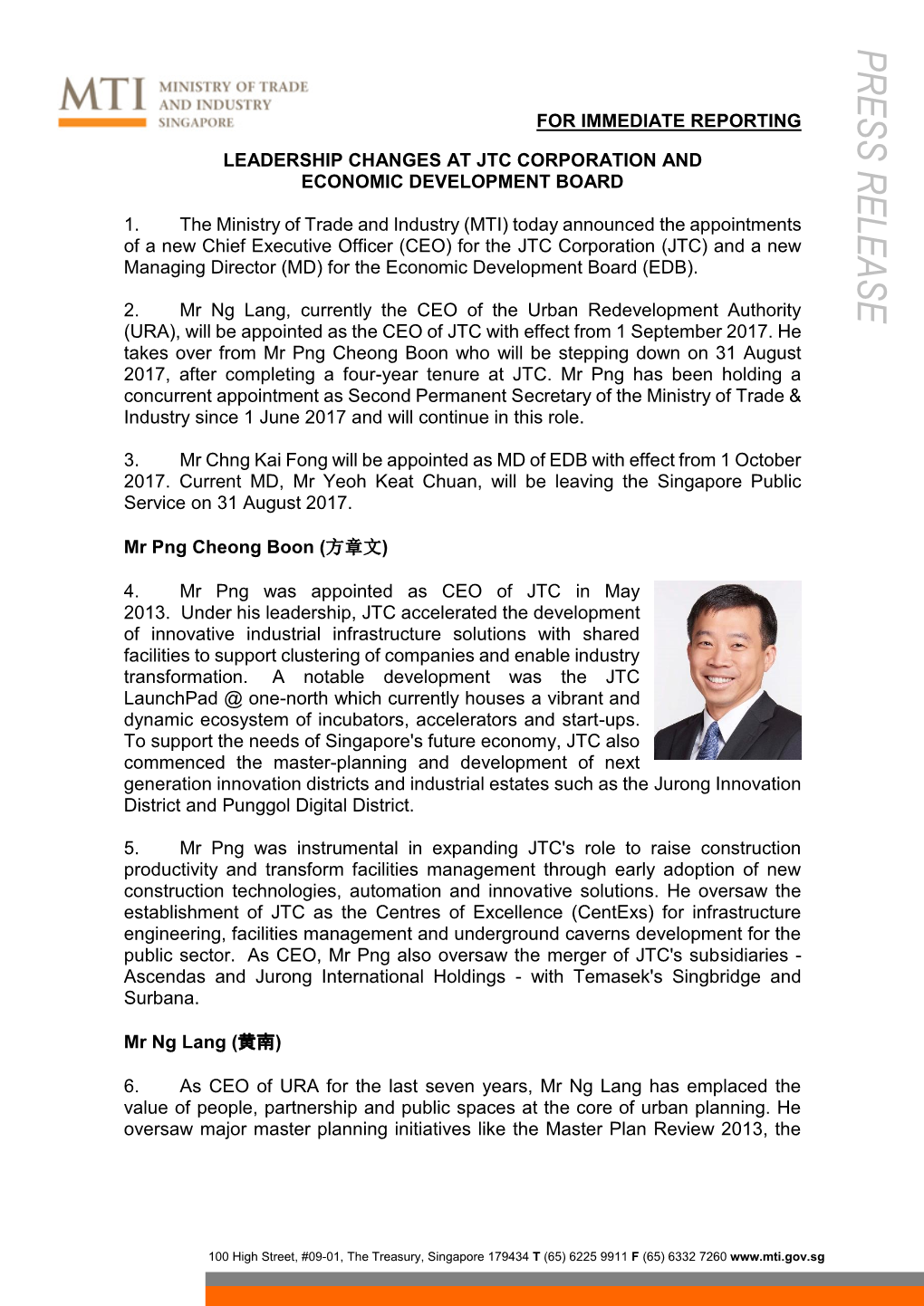 Press Release on New CEO for JTC and MD for EDB.Pdf