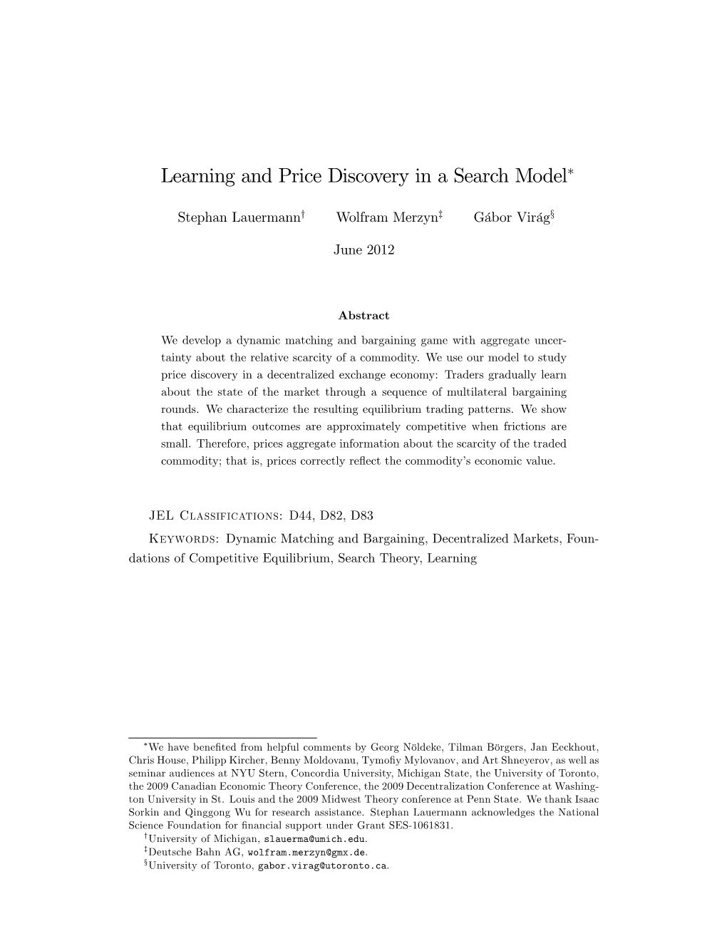 Learning and Price Discovery in a Search Model∗